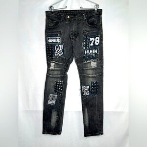 BIE PA Paris Distress Black Jeans Stud Patchwork Grunge Rock Concert Emo‎ Sz 34